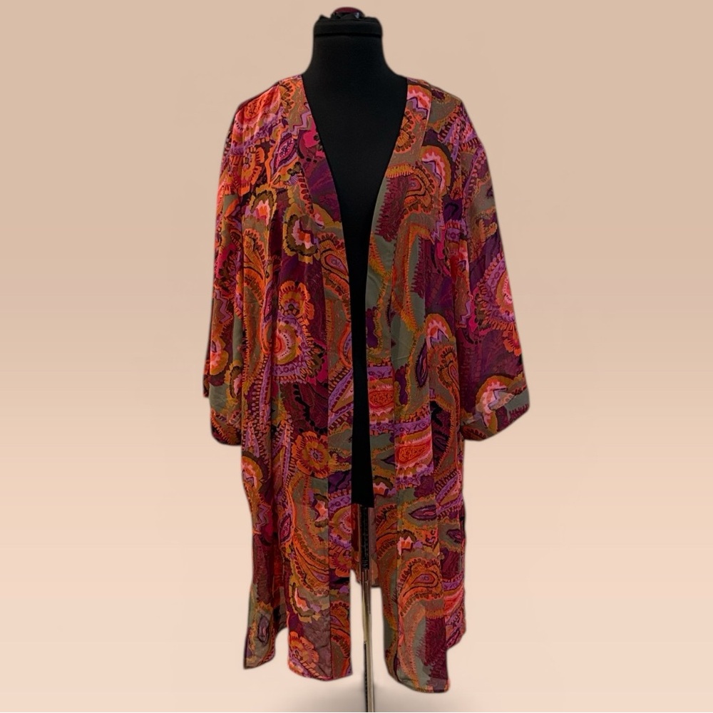 Catherines Pink, Orange & Green Floral Paisley Kimono Duster